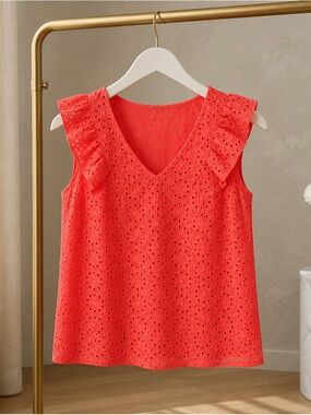 Lilly Pulitzer ~Coral Lina~ Eyelet Blouse~ Ruffle Sleeve~ Size M